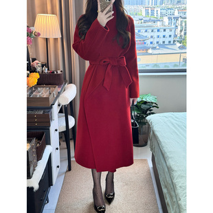 韩系红色双面大衣女2026新款秋冬季气质中长款高级感羊毛呢子外套