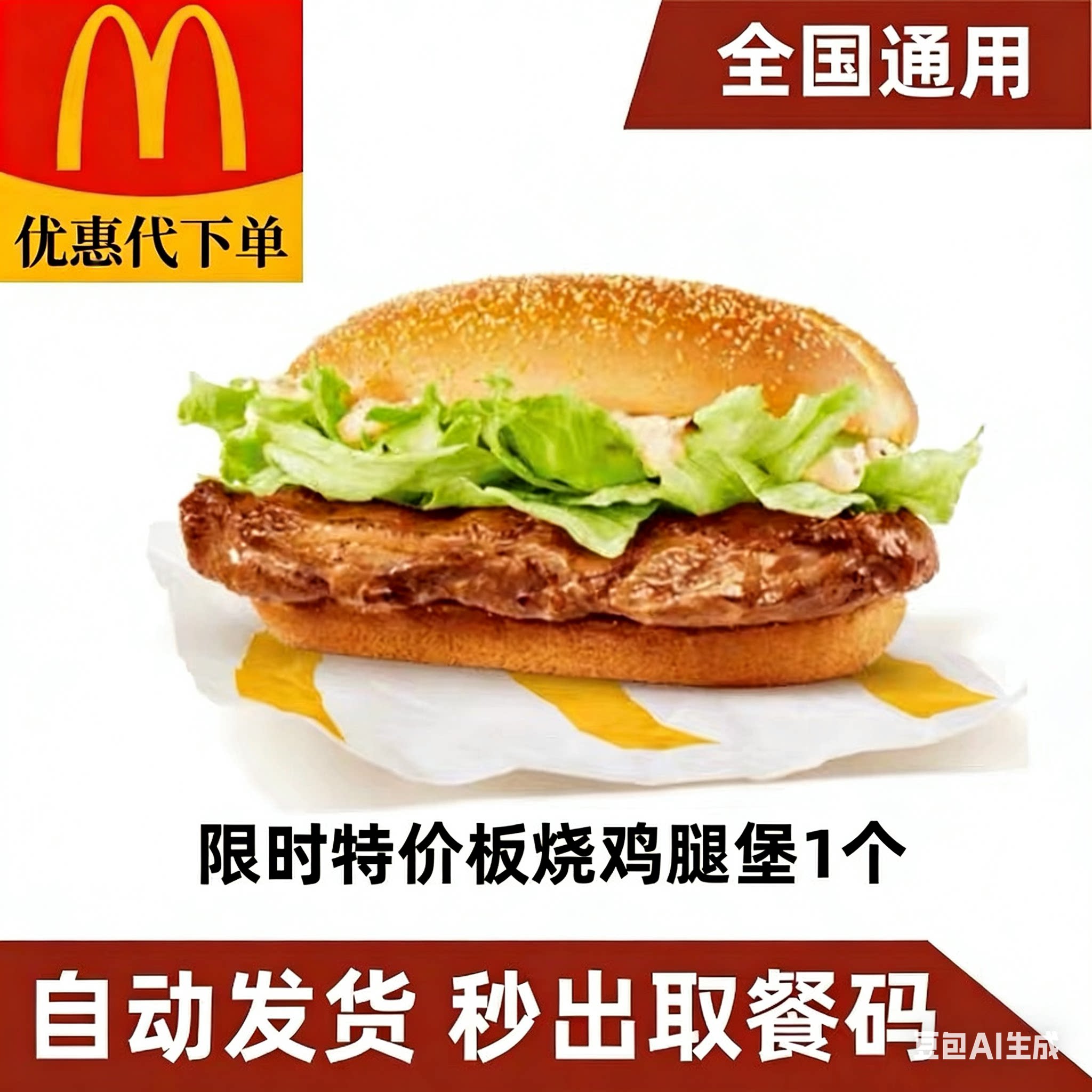 麦当劳代下单板烧麦辣鸡腿堡薯条鸡块辣翅冰淇淋优惠券全国通用