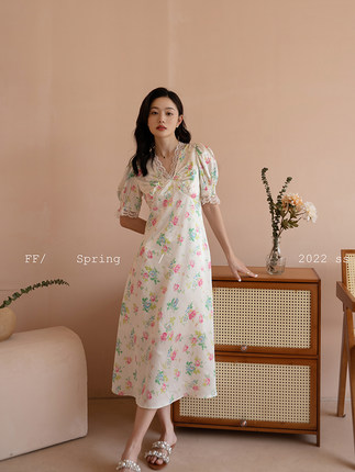 FOR F原FF ONLINE SHOP法式缎面连衣裙女蕾丝拼接V领蔷薇印花长裙