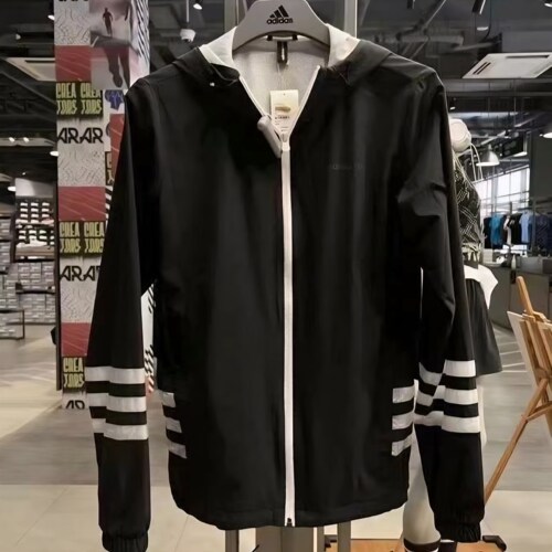 Adidas阿迪达斯男黑色舒适梭织防风连帽休闲运动夹克外套 GR6926