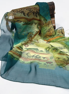 绿色航海图100%桑蚕丝真丝小方巾女时尚丝巾围巾外搭护颈系脖纱巾