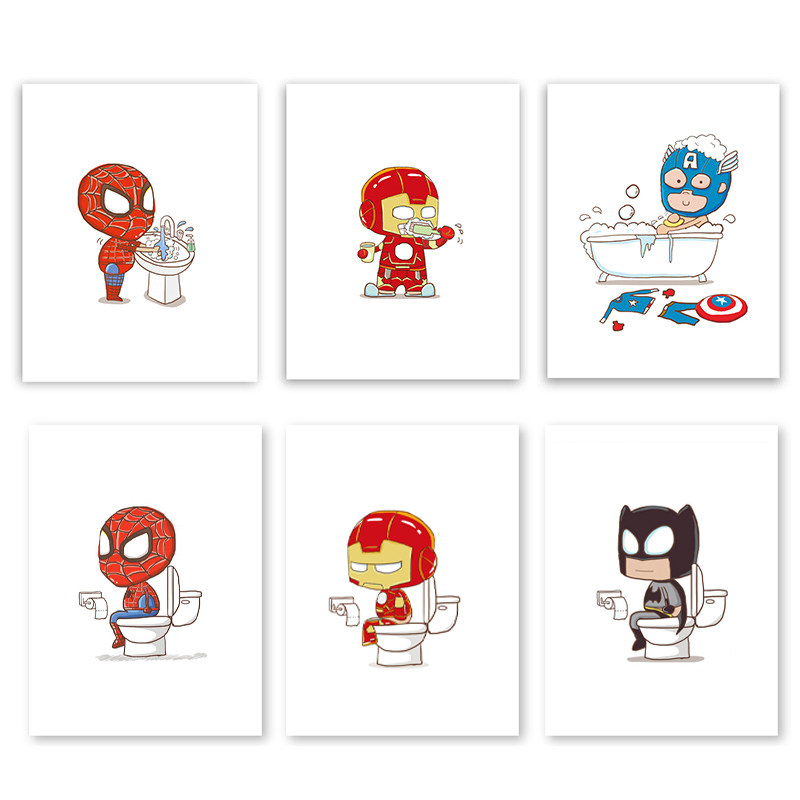 Marvel Cartoon Superhero Spider Man Iron Man Poster Bathroom