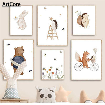 波西米亚卡通油画狐狸兔子蜜蜂熊