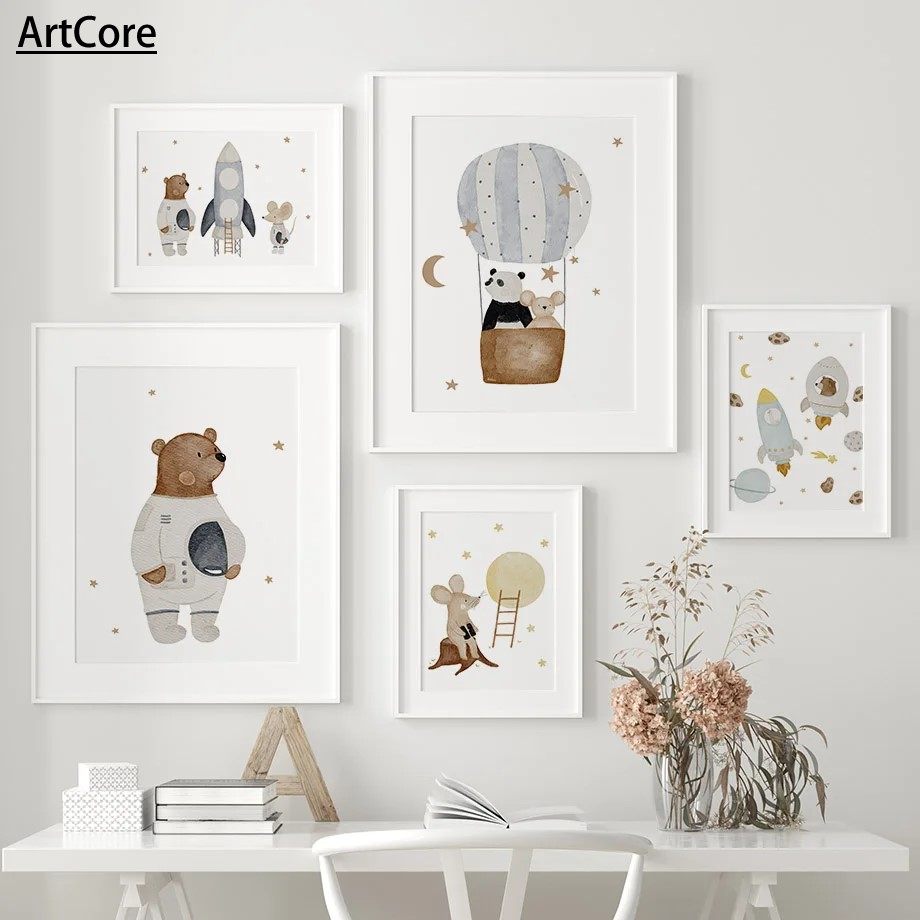 Boho Cartoon Bear Panda Mouse Balloon Plane Poster Art Print