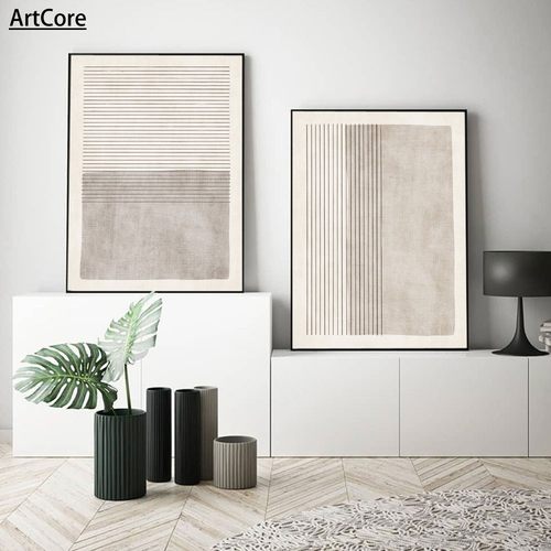 抽象米灰色海报极简主义线条画布