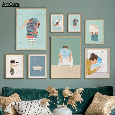 Laundry Girl Washing Machine Bathtub Hair Dryer Art Poster