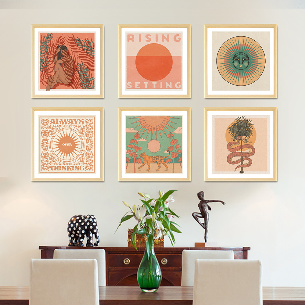 Square Poster Prints Boho Abstract Woman and Leopard Snake