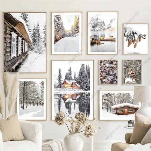 Sunrise Forest Mountain Lake Art Poster Cabin Wood Pinecone