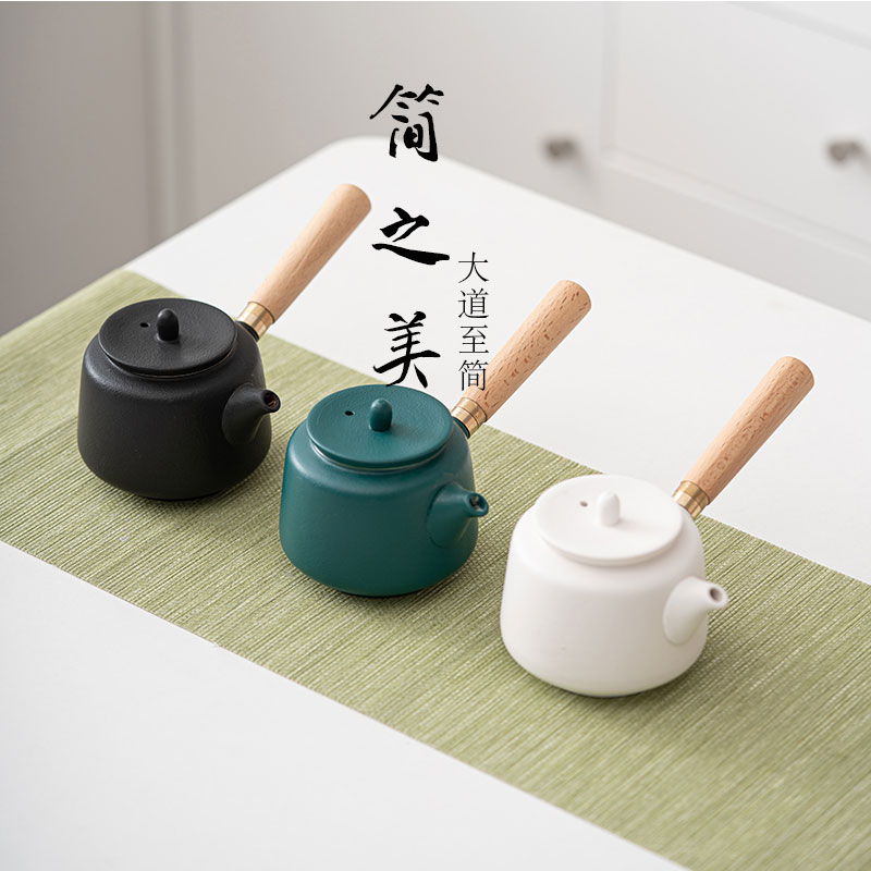 促销实木侧把壶泡茶家用黑陶防烫陶瓷单壶210ml复古中式茶壶茶具