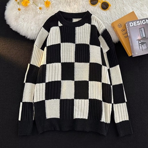 复古港风棋盘格毛衣男软糯内搭宽松上衣冬季高级感上衣情侣针织衫
