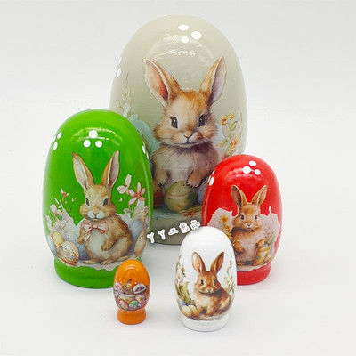 俄罗斯特色兔子木制玩具五件套