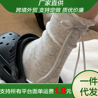 夏季仙仙系列三色蝴蝶结镂空后跟飘带设计ins泡泡花边中筒袜少女
