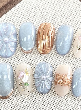 春夏新款手工穿戴甲椭圆猫眼紫色立体魔镜轻奢显白晕染手绘美甲