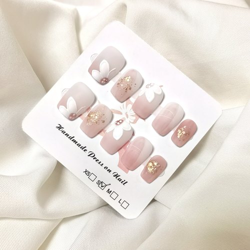 春夏新款纯手工穿戴甲温柔磨砂樱花金箔超短梯短款美甲显白