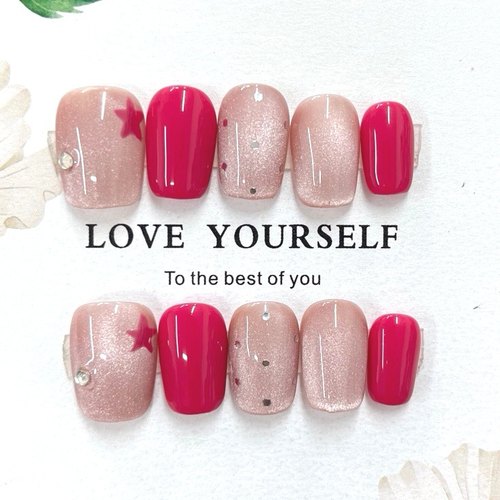 多巴胺型火龙果色穿戴甲超短梯甲玫瑰显白猫眼蘑菇简约腮红金箔