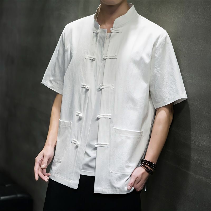 中式短袖衬衫男夏季立领对襟褂子