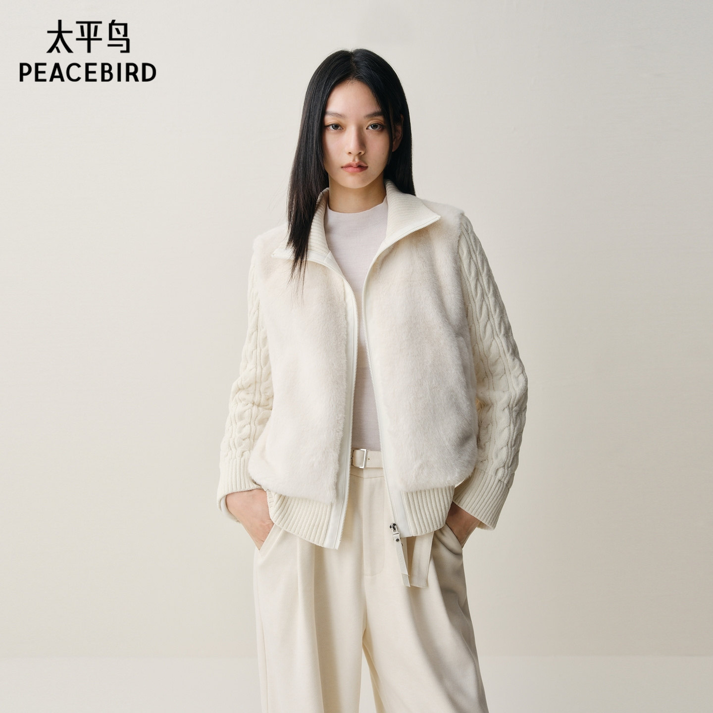 【商场同款】太平鸟短款直筒立领短外套女仿裘皮外套A3AEF4211