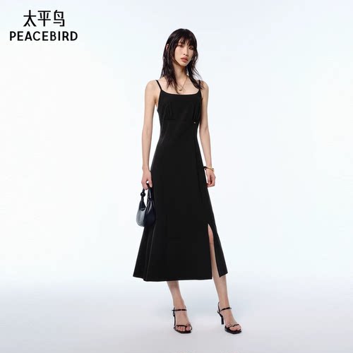 【来了就好】太平鸟莫代尔无袖抹胸连衣裙女新黑色吊带长裙
