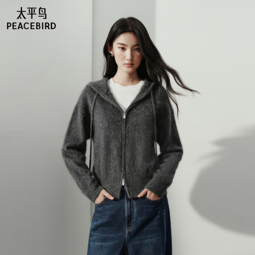 太平鸟100%牦牛绒连帽针织开衫