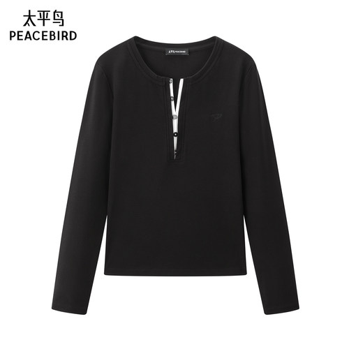 【商场同款】太平鸟 25秋季新款亨利领女士长袖纯色T恤A1CPF330A