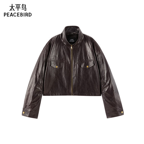【商场同款】太平鸟油蜡真皮皮衣经典短款廓形皮衣外套A1BDF422D*