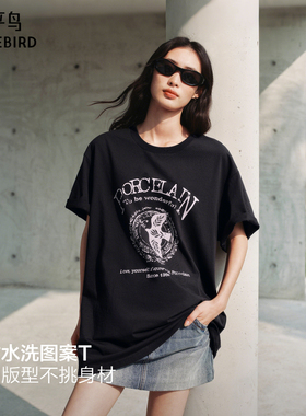 【商场同款】太平鸟26夏印章T复古做旧图案宽松短袖T恤A3CNG2171