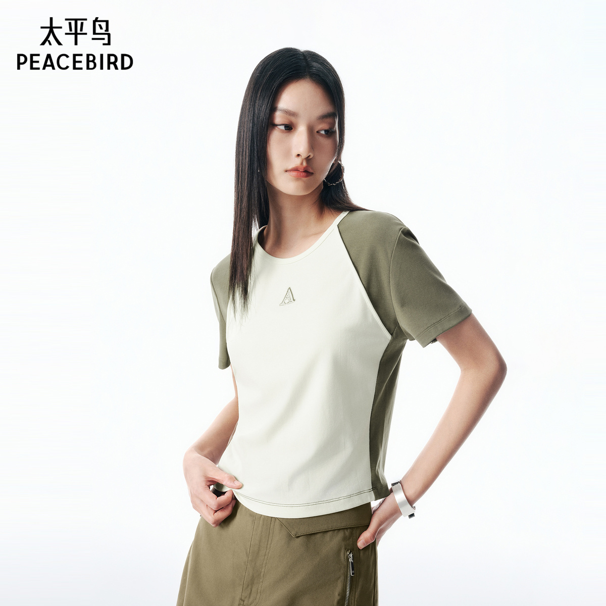 【商场同款】太平鸟撞色插肩袖修身短袖T恤25秋季新款女A3CNF3P34
