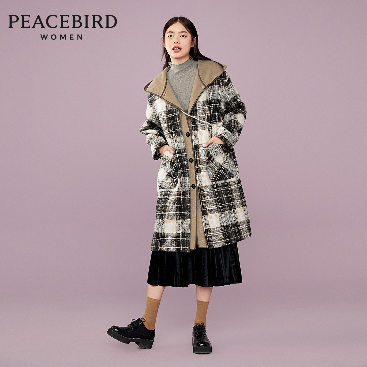 太平鸟中长款假两件格纹拼接连帽大衣女2020冬季新款宽松毛呢外套