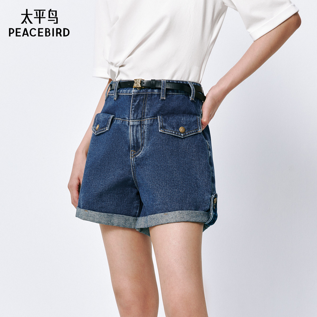 【附带腰带】太平鸟高腰工装牛仔短裤夏季款黑色直筒短裤