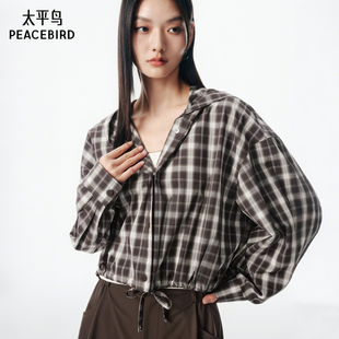 式 通勤连帽衬衫 太平鸟25年新款 格纹短外套A3BBF3212 商场同款