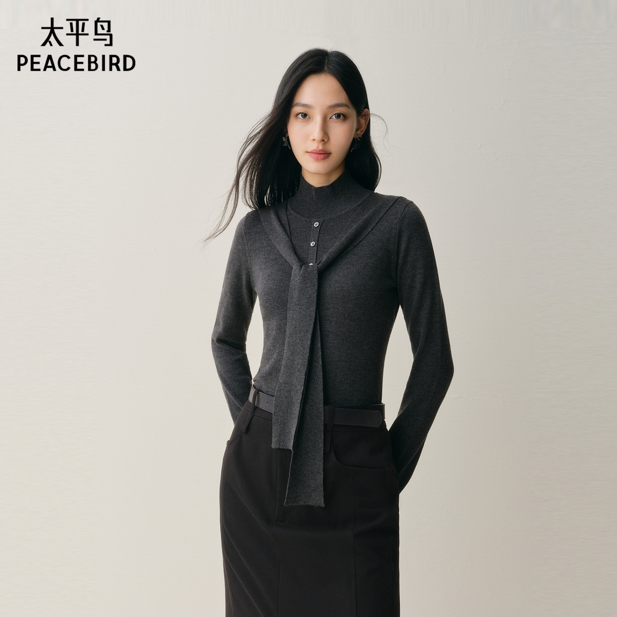 太平鸟可打结飘带套头针织衫