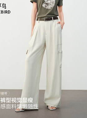 太平鸟白色亚麻休闲直筒工装裤女
