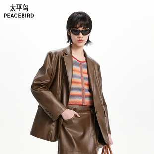 擦色PU皮衣西装 款 外套女品质夹克外套A3BAE3469 秋季 太平鸟女装