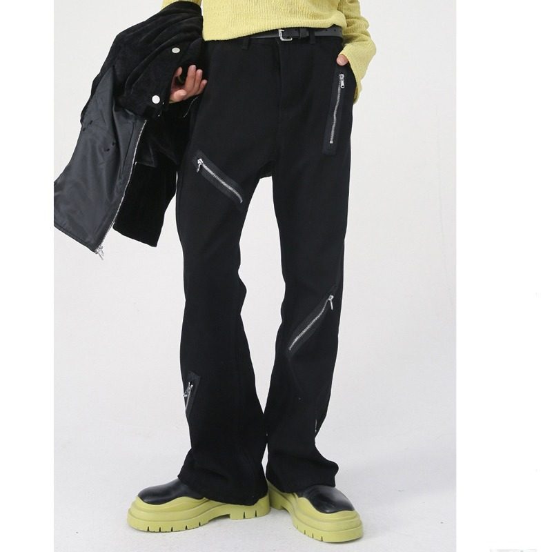 美式小众复古暗黑宽松微喇叭黑色牛仔裤潮牌多拉链设计感男女裤子,男装,牛仔裤,淘宝优惠券,粉丝福利购,淘宝优惠卷