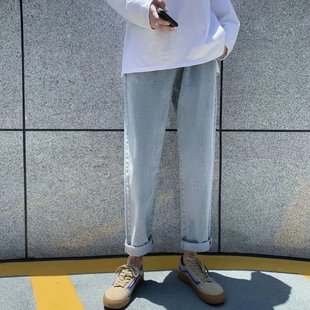 ins潮 日系设计感直筒牛仔裤 男春季 宽松港味复古裤 显瘦高腰阔腿裤