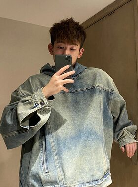 vintage浅蓝色牛仔卫衣男秋冬款水洗复古牛仔衣美式复古连帽外套