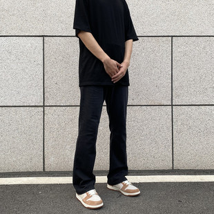 美式大码vibe裤子男款春秋高街黑色弹力牛仔裤修身直筒弯刀微喇裤