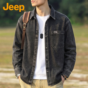JEEP吉普美式复古牛仔衬衫男长袖秋季新款时尚百搭潮流衬衣外套