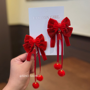 新年红色蝴蝶结儿童发夹毛球流苏飘带女童头饰汉服拜年节日发饰女