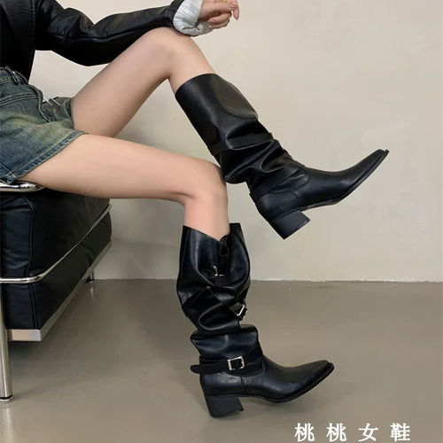 尖头皮带扣高筒骑士靴辣妹宽筒靴