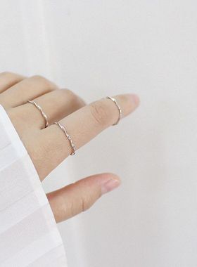 简约水波纹戒指女细情侣指环925