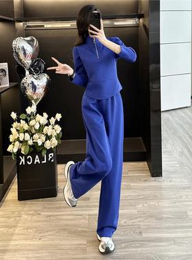 韩版蓝色运动套装女春秋季2025新款V领正肩卫衣阔腿裤休闲两件套