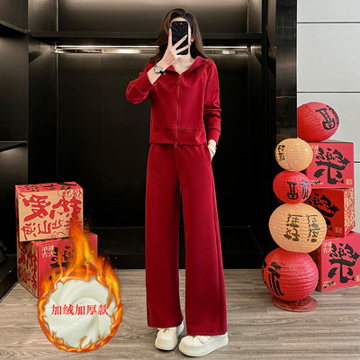 红色时尚套装女冬加绒卫衣阔腿裤