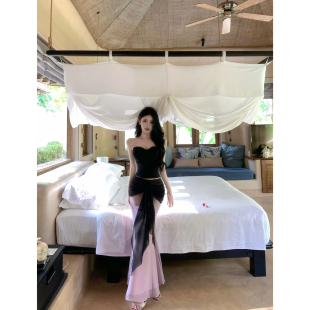 JAYKY YANG【德莉娅】黑色绑带设计感抹胸撞色包臀半身裙纯欲套装