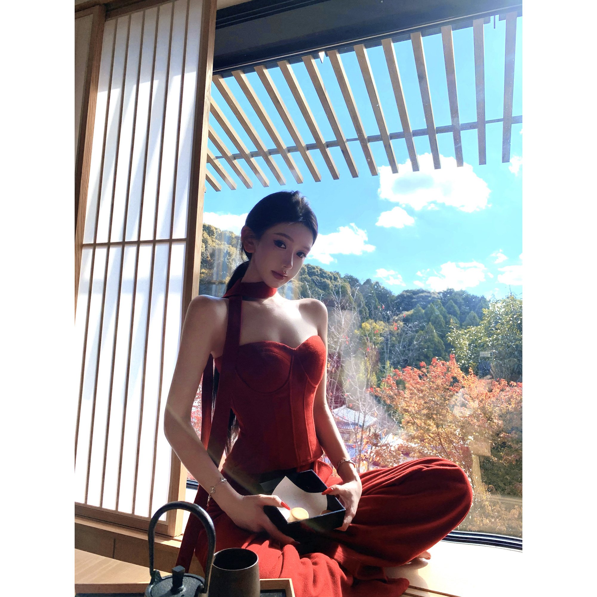 JAYKY YANG【肯辛顿周末】可调节羊毛收腰抹胸女直筒休闲长裤套装
