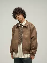 Tailang's Shop Melad American Retro Brown Leather Jacket for Men, Trendy and High-End, Spring and Autumn Style, Cotton Jacket, Trendy