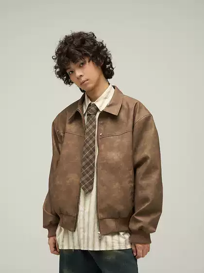 Tailang's Shop Melad American Retro Brown Leather Jacket for Men, Trendy and High-End, Spring and Autumn Style, Cotton Jacket, Trendy