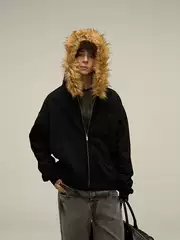 Tailang's Shop American Retro Fur Collar Couple's Hooded Zip-Up Sweatshirt Autumn and Winter Style Men's Trendy High-End Jacket