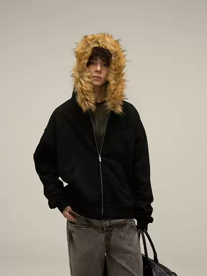 Tailang's Shop American Retro Fur Collar Couple's Hooded Zip-Up Sweatshirt Autumn and Winter Style Men's Trendy High-End Jacket