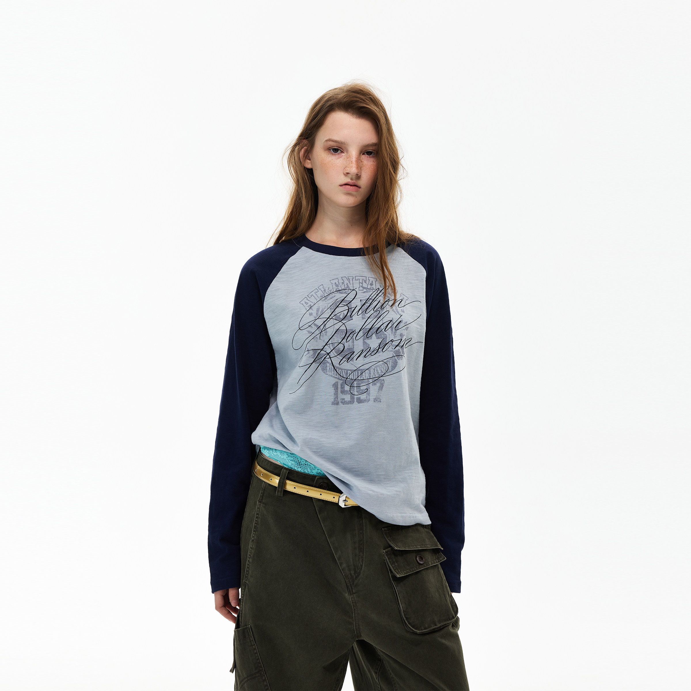 thumbnail for Weilang's store American-style vintage collegiate style patchwork long-sleeve T-shirt for men and women, in-s high-end slub cotton top for couples